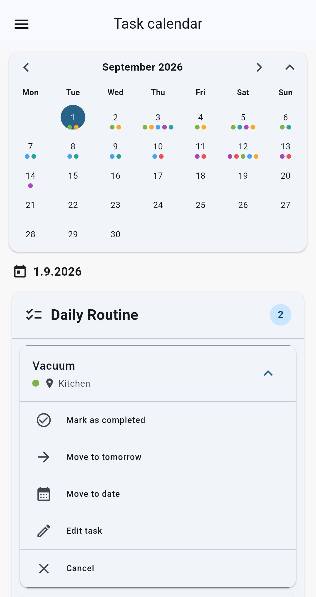 Cleaning Routine calendar view