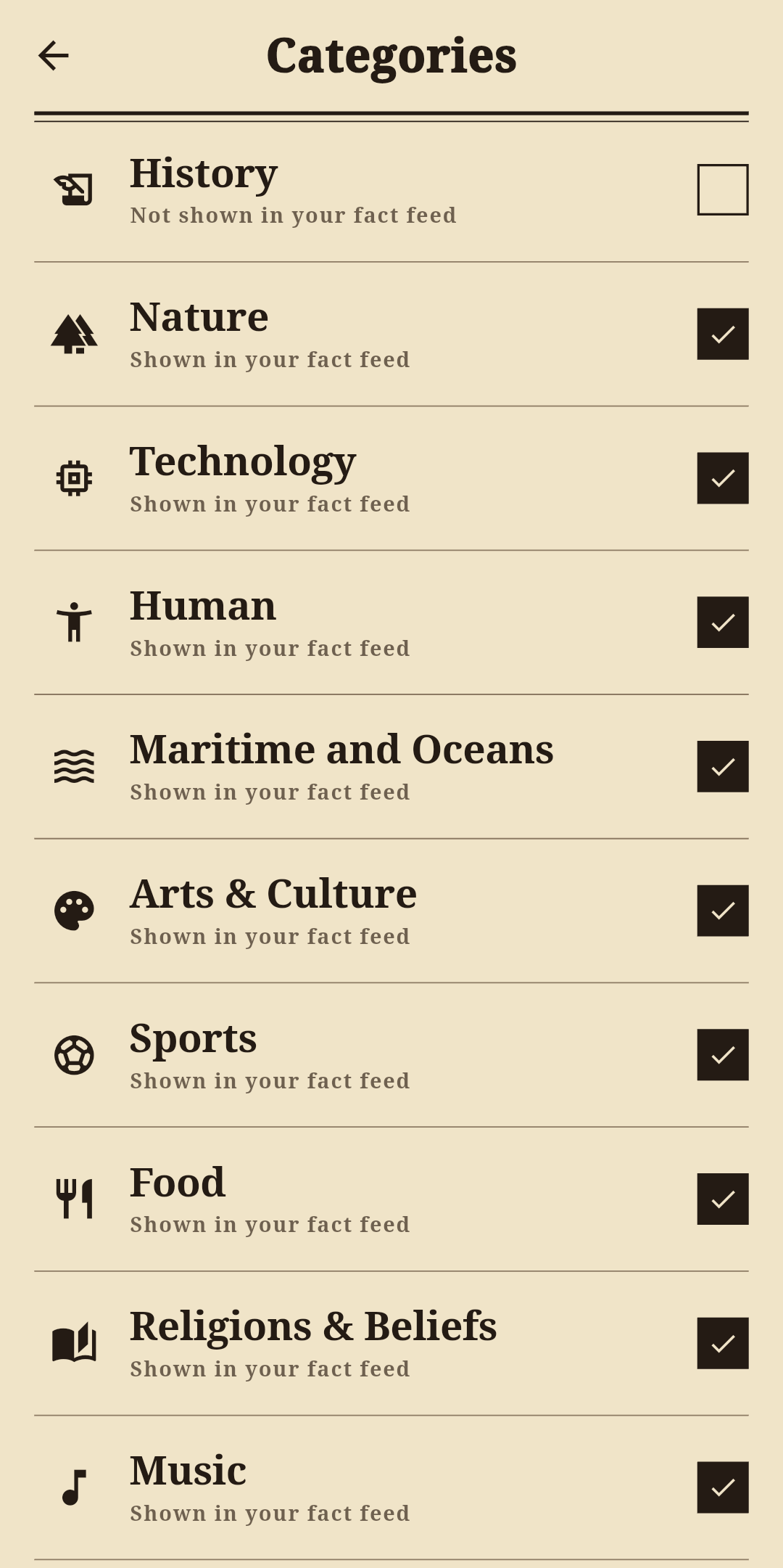 Random Facts categories