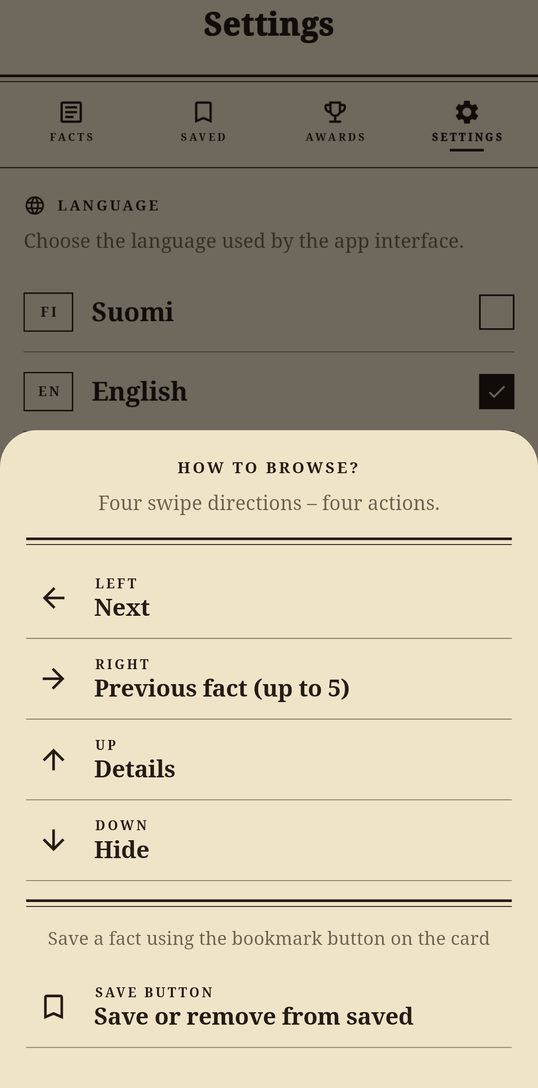 Random Facts swipe actions